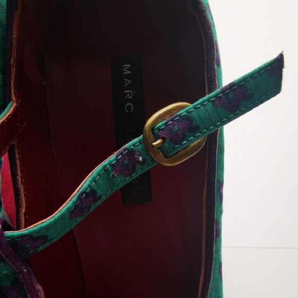 MARC JACOBS Canvas Floral Print Pumps Teal Red Adjustable Almond Toe SZ 9 Retro - Picture 7 of 10